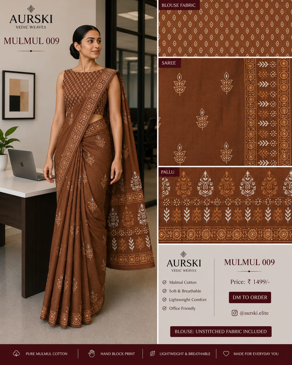 AURSKI Premium Mulmul Cotton Saree for Office Wear | Soft, Lightweight & Breathable | Elegant Everyday Wear